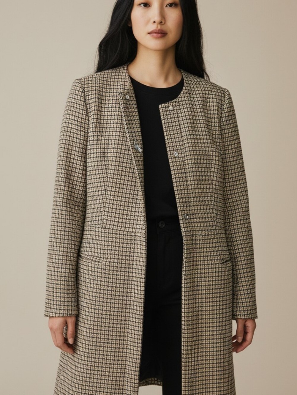 Womens Houndstooth Collarless Long Coat - Beige/Black